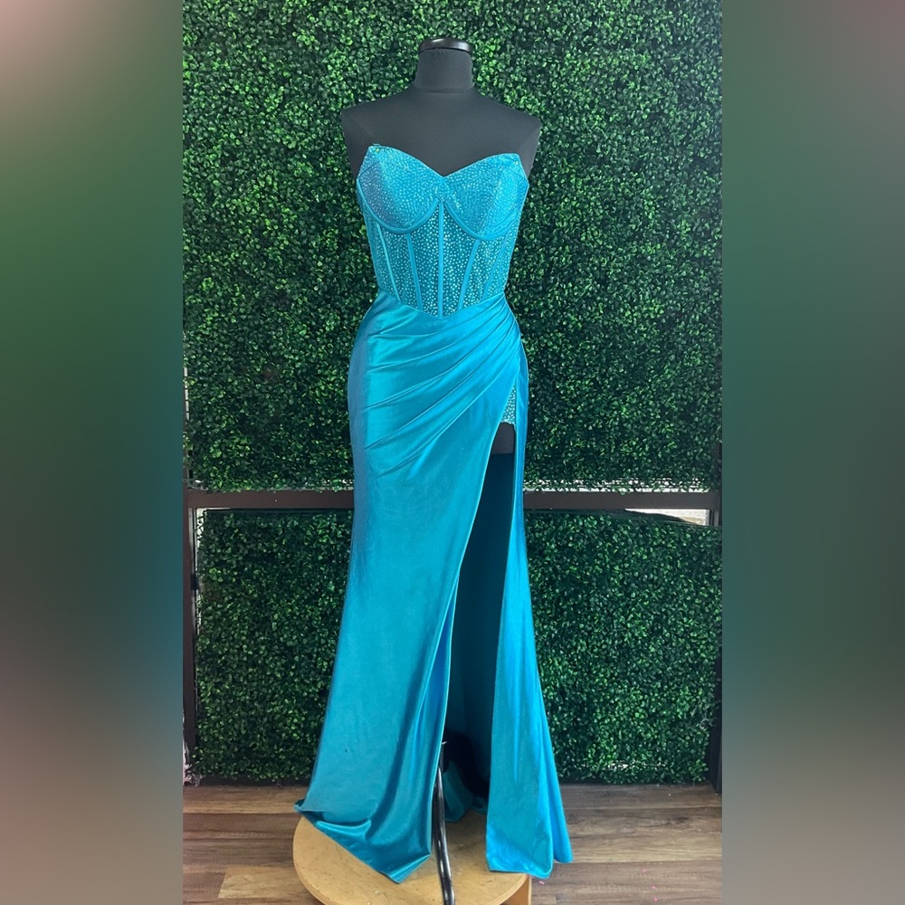 Mori Lee Teal Strapless Gown